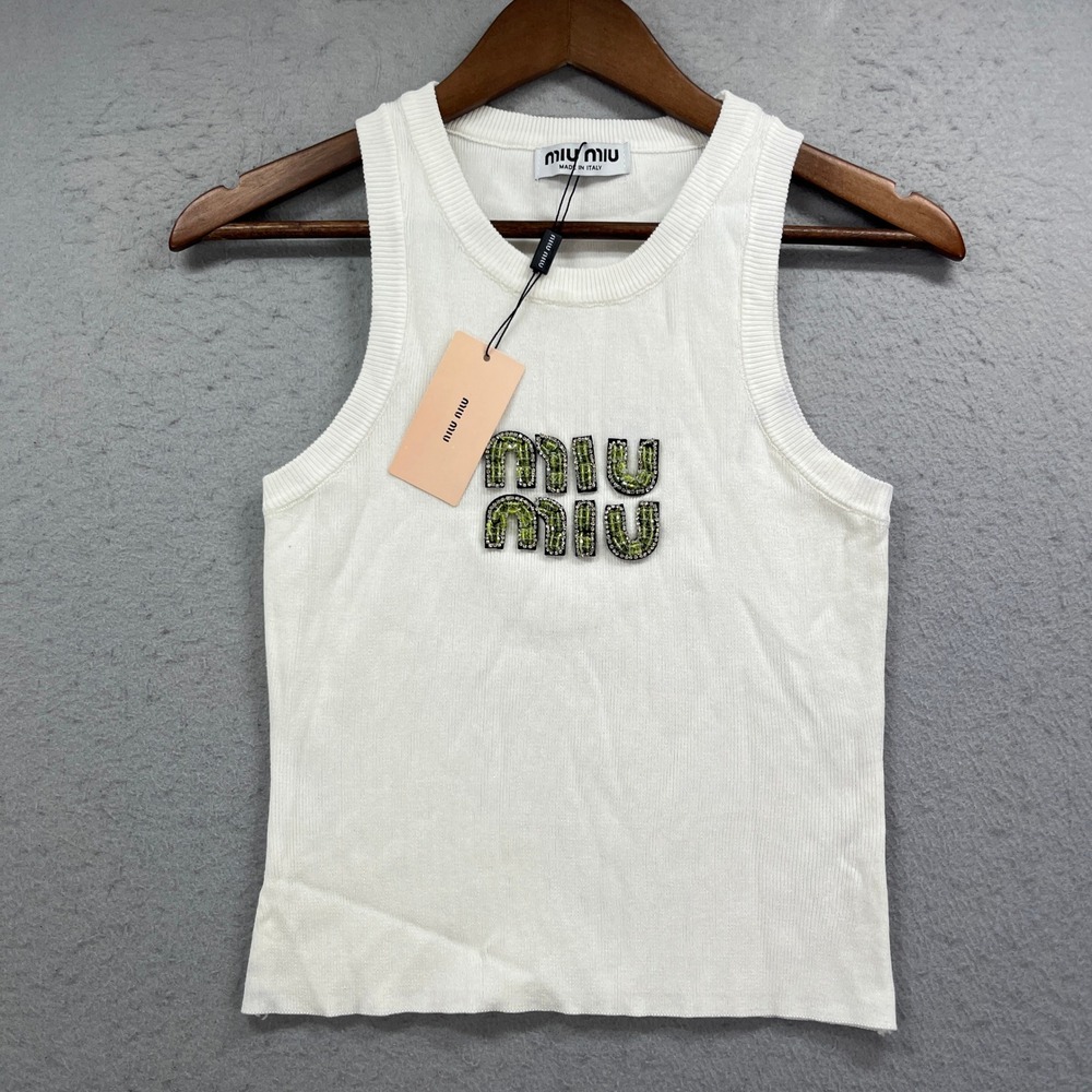 Miu Miu Tank Top Womens Small White Beaded Logo Ribbed Knit Luxury Designer NEW